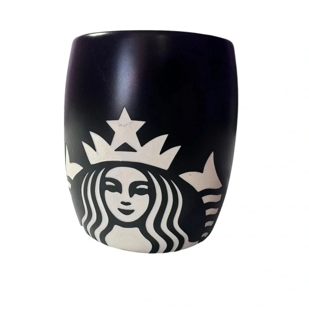 Starbucks Coffee Cup Matte Black & Ivory White Etched Mermaid Logo 2011 Series‎